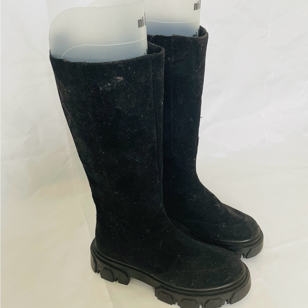 New Farm Rio Women Long Black Fabric Platform Retro Round toe Zip Boots US 8.5 - Picture 2 of 8